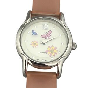 Cute Peach Silicone Strap Watch Floral Butterfly Dial Analog Quartz UNTESTED